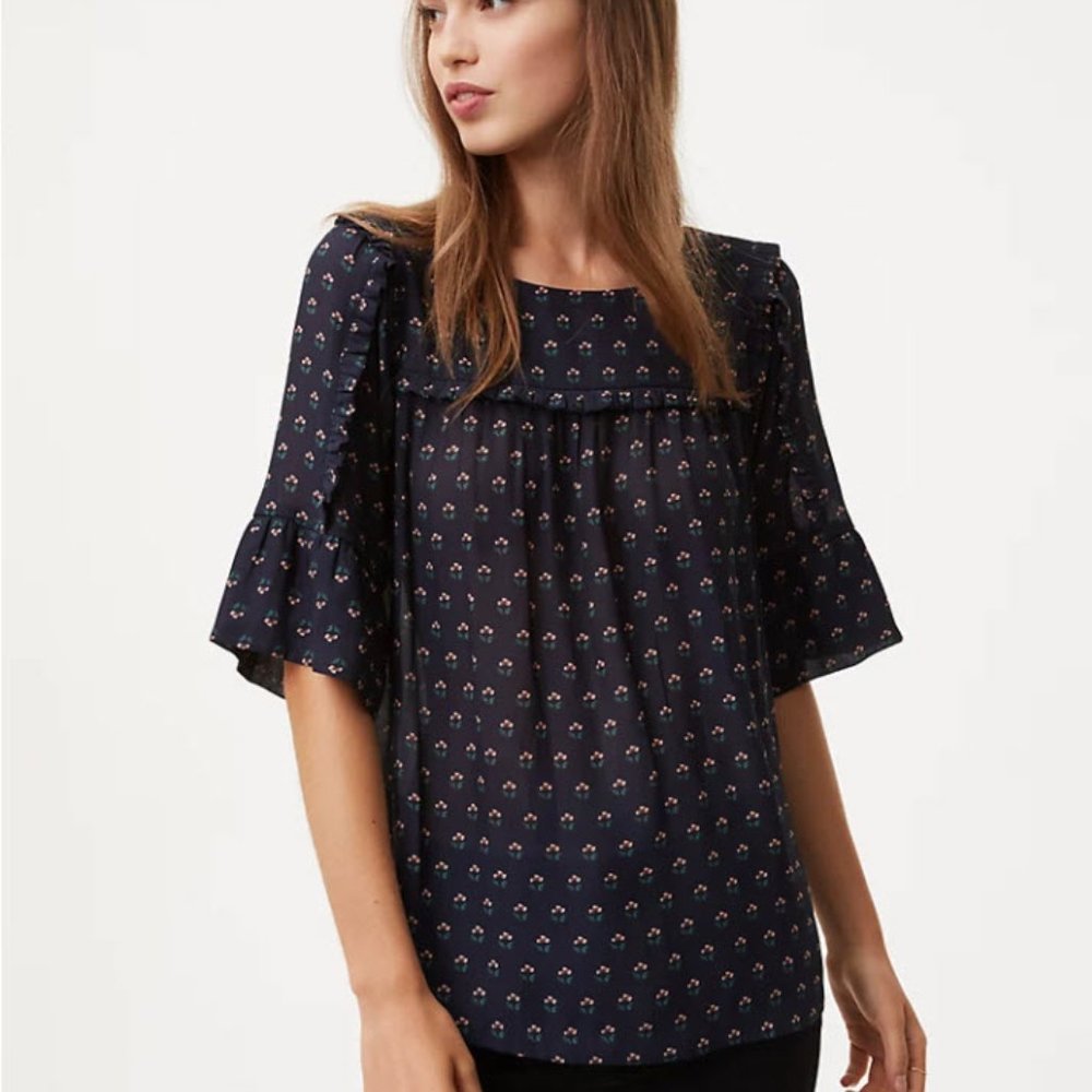 Ann Taylor LOFT Budding Ruffle Trim Navy Top